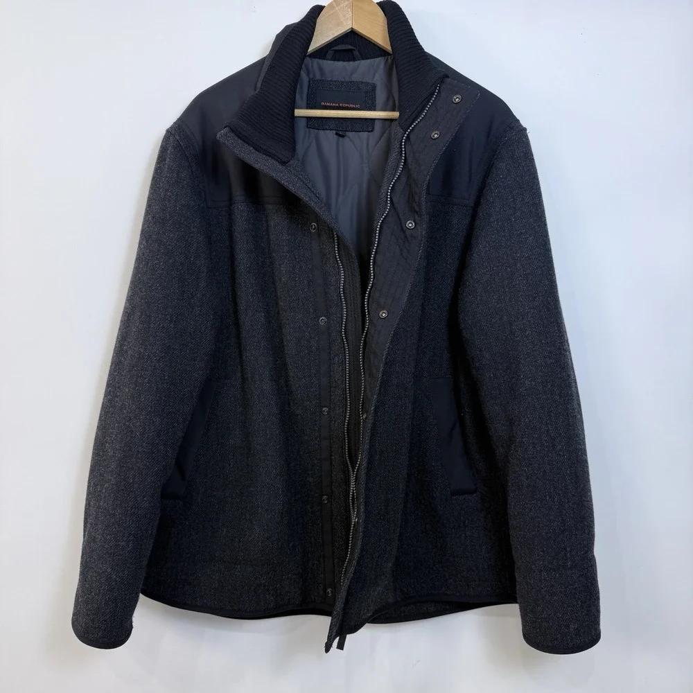 Vintage Banana Republic Wool Blend Coat Mens L Deep Charcoal Gray Black Zip Snap